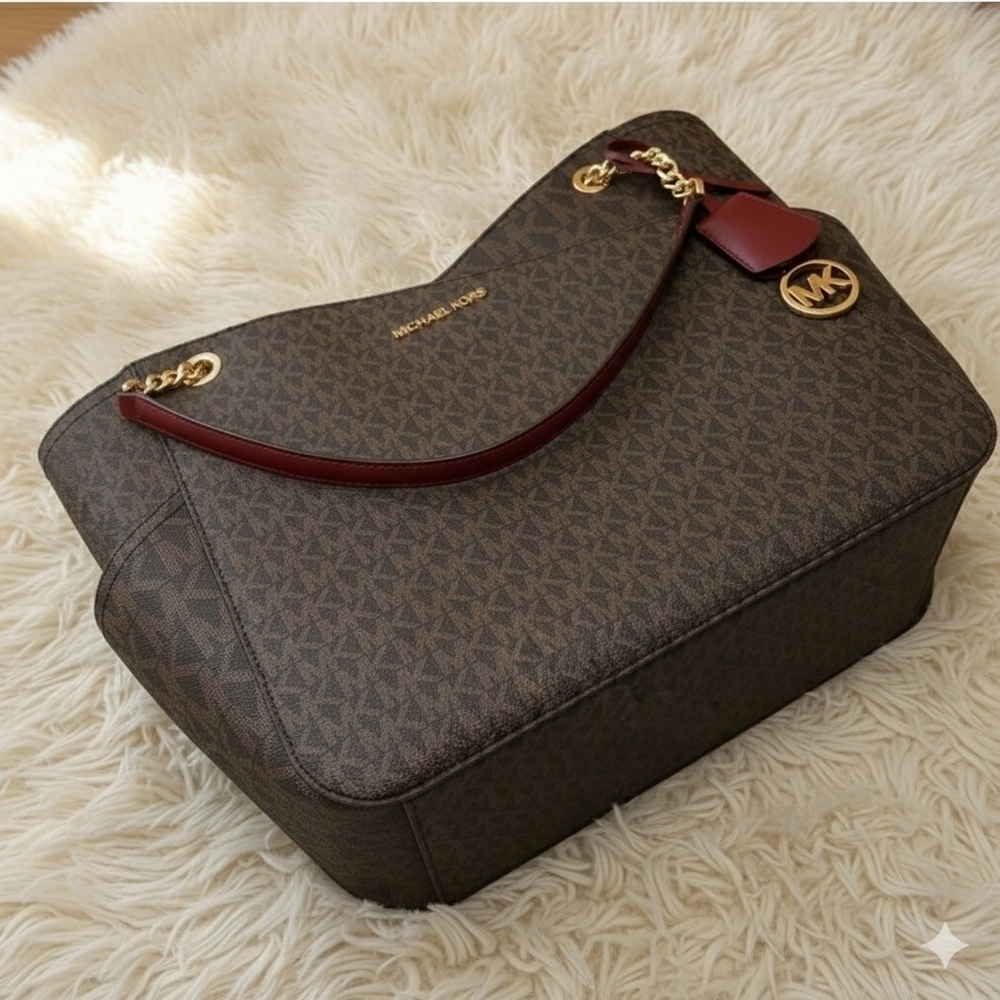 MICHAEL KORS LARGE X CHAIN LOGO SHOULDER BAG DARK CHERRY COLOR (NWT) - Picture 6 of 13